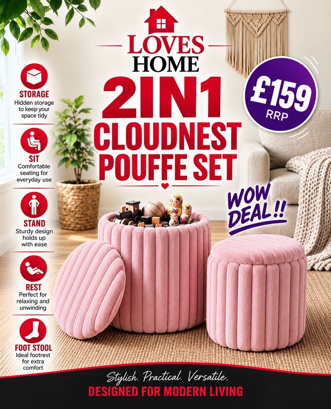 Loves Home 2 in 1 Pouffe Set